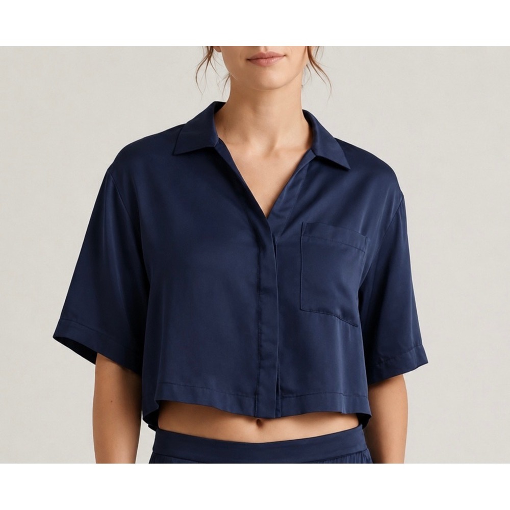 Quince Washable Silk Pajama Button Up Top Navy Sz XL